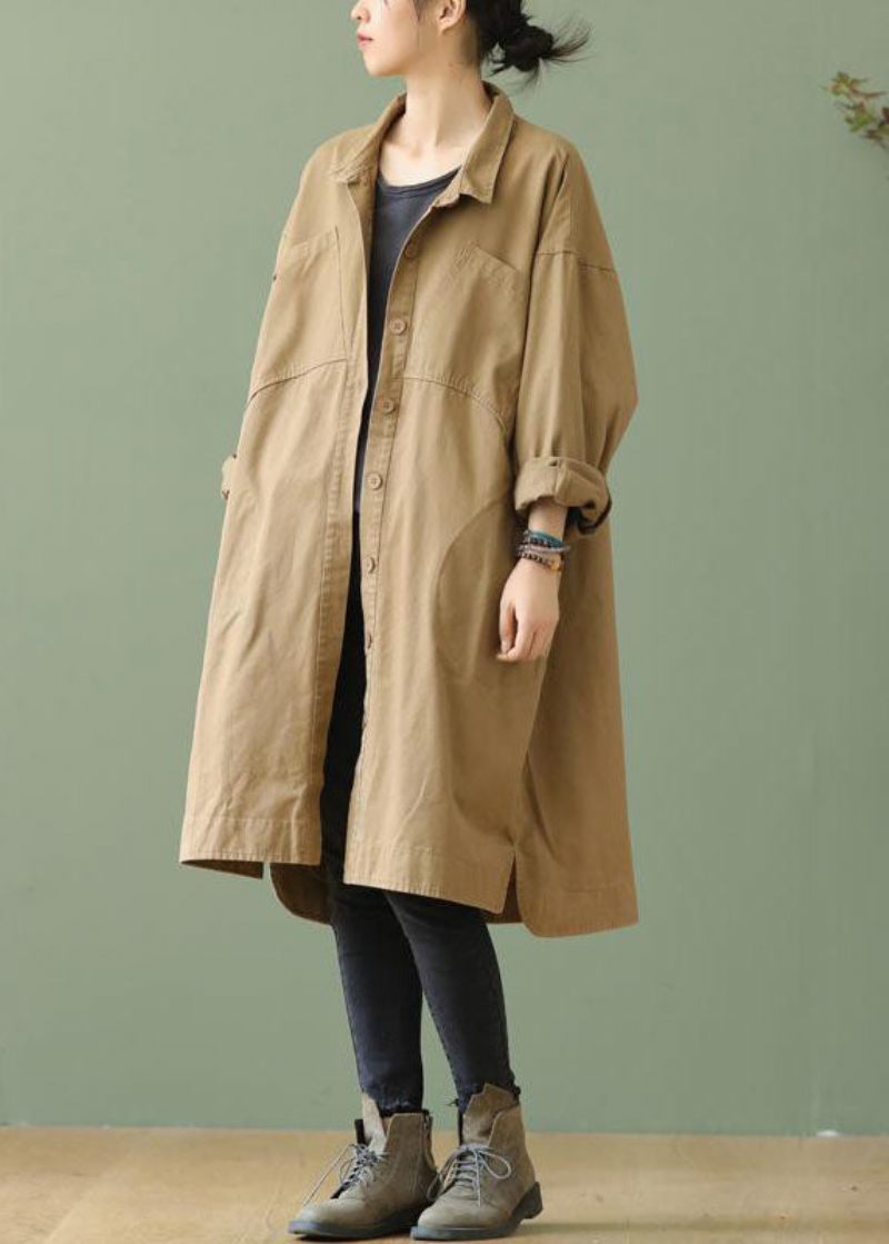 Stil Khaki Peterpan Krage Fickor Knapp Låg Hög Design Höst Långärmad Trenchcoat - Trenchcoats för kvinnor