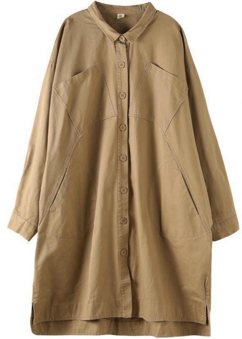 Stil Khaki Peterpan Krage Fickor Knapp Låg Hög Design Höst Långärmad Trenchcoat - Trenchcoats för kvinnor