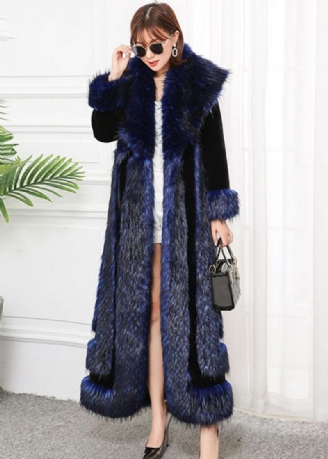 Stil Marinblå Faux Fox Krage Patchwork Silm Fit Fur Coats Vinter