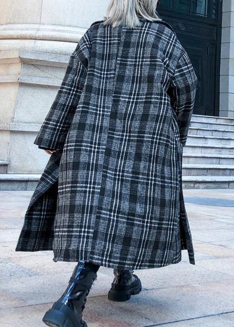 Stil Pläd Plus Size Kläder Halsring Fyrkantig Krage Fickor Falla Kvinnor Rockar - Trenchcoats för kvinnor