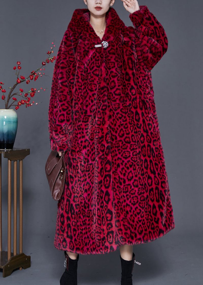 Stil Röd Hooded Print Faux Fur Coat Spring