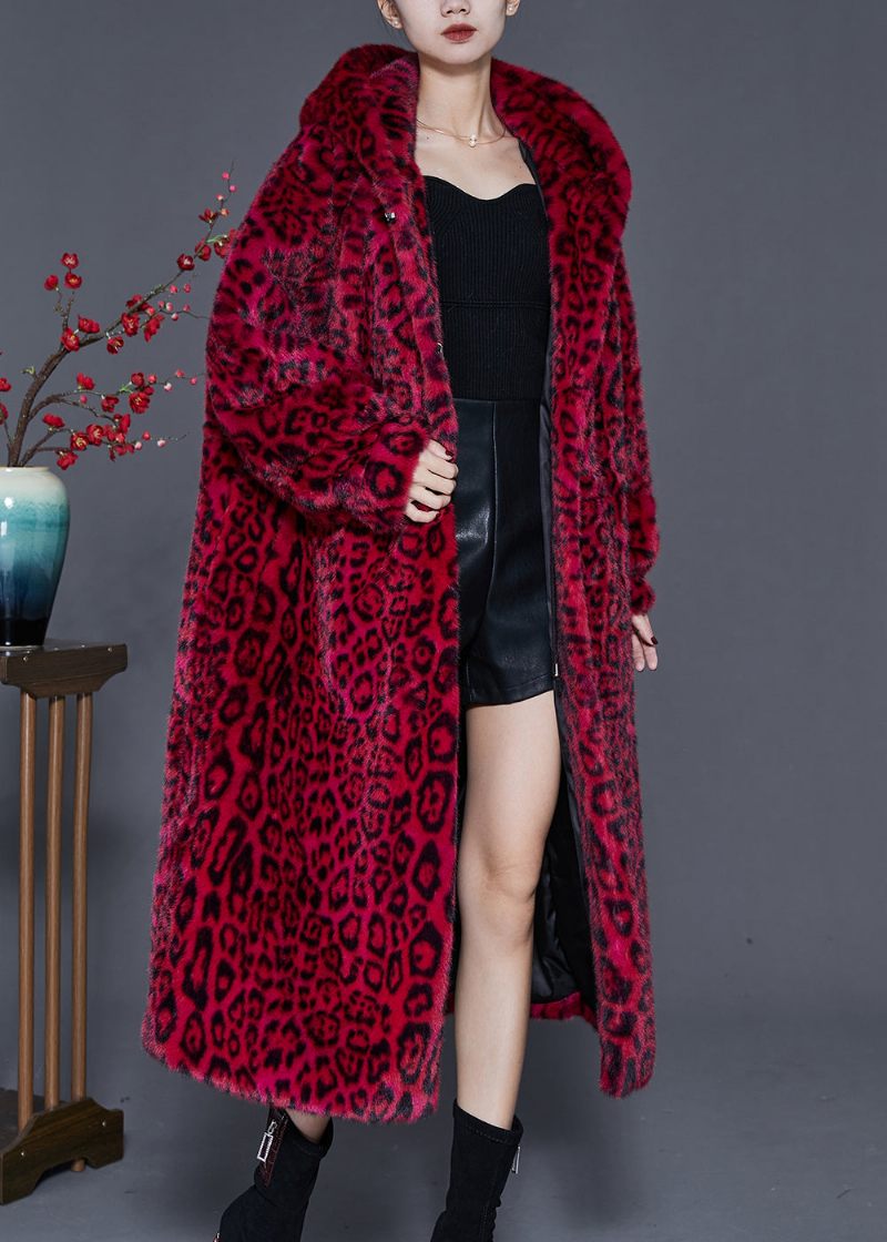 Stil Röd Hooded Print Faux Fur Coat Spring - Vinterkappor för kvinnor