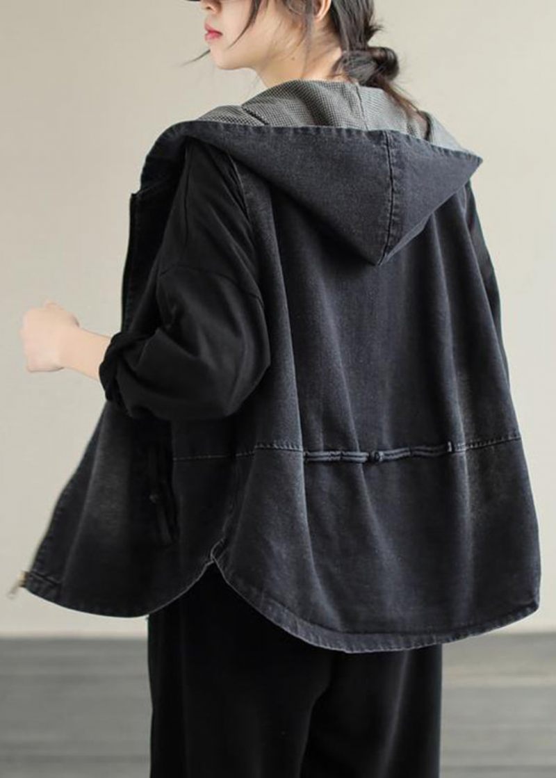 Stil Svart Dragkedja Patchwork Hoodie Denim Coat Fall - Vinterkappor för kvinnor