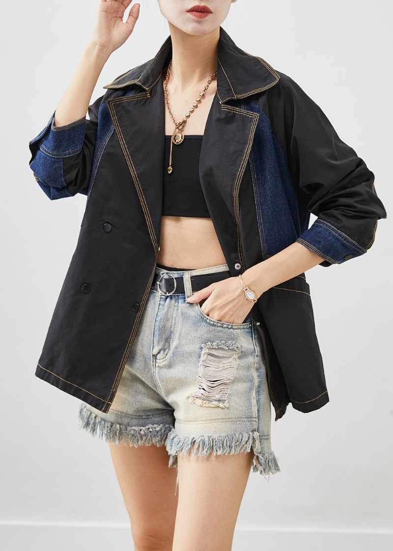 Stil Svart Oversized Denim Patchwork Bomullsjackor Hösten