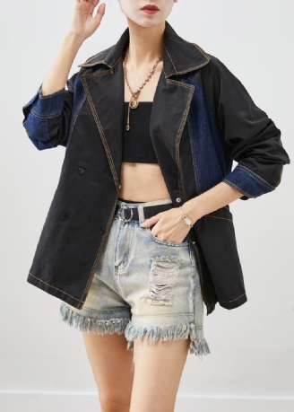 Stil Svart Oversized Denim Patchwork Bomullsjackor Hösten