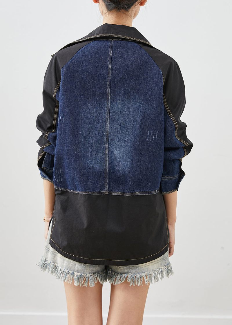 Stil Svart Oversized Denim Patchwork Bomullsjackor Hösten - Vinterkappor för kvinnor