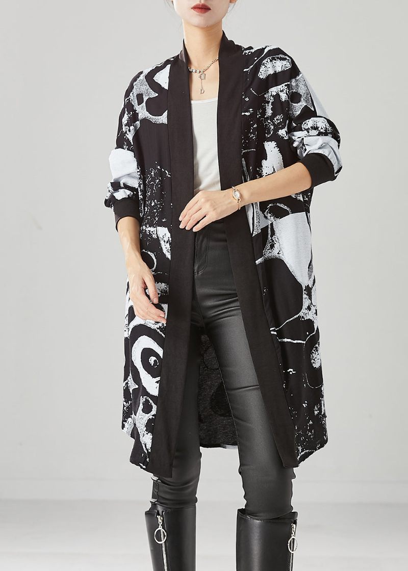 Stil Svart Oversized Print Bomull Lös Cardigan Fall - Koftor för kvinnor