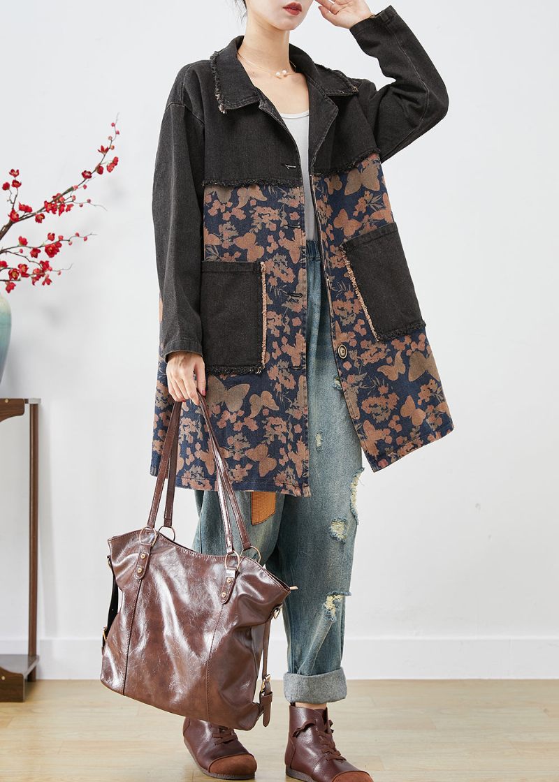 Stil Svarta Överdimensionerade Patchwork-fickor Print Denim Trench Fall