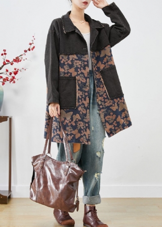 Stil Svarta Överdimensionerade Patchwork-fickor Print Denim Trench Fall