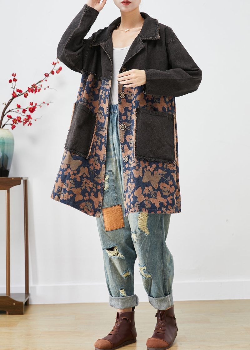 Stil Svarta Överdimensionerade Patchwork-fickor Print Denim Trench Fall - Trenchcoats för kvinnor