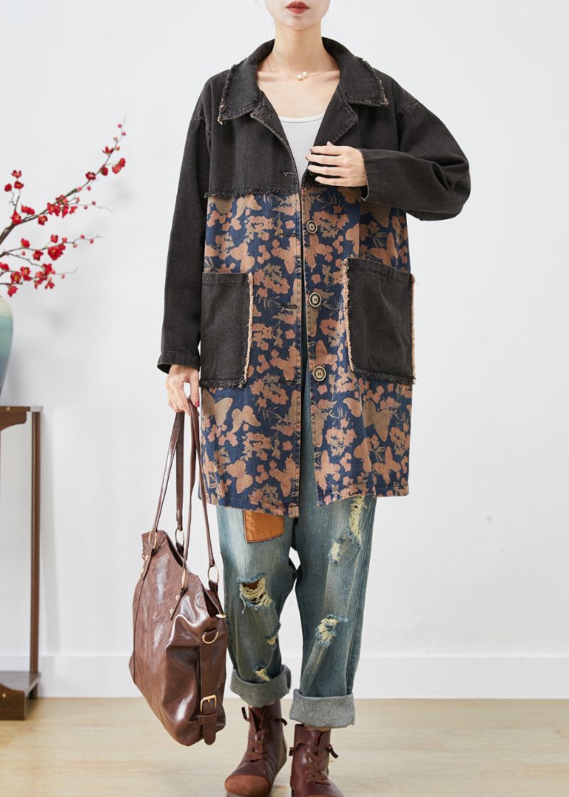 Stil Svarta Överdimensionerade Patchwork-fickor Print Denim Trench Fall - Trenchcoats för kvinnor