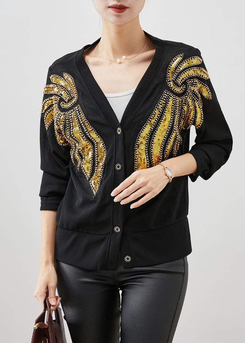 Stil Svarta Paljetter Button Down Bomull Cardigan Fall