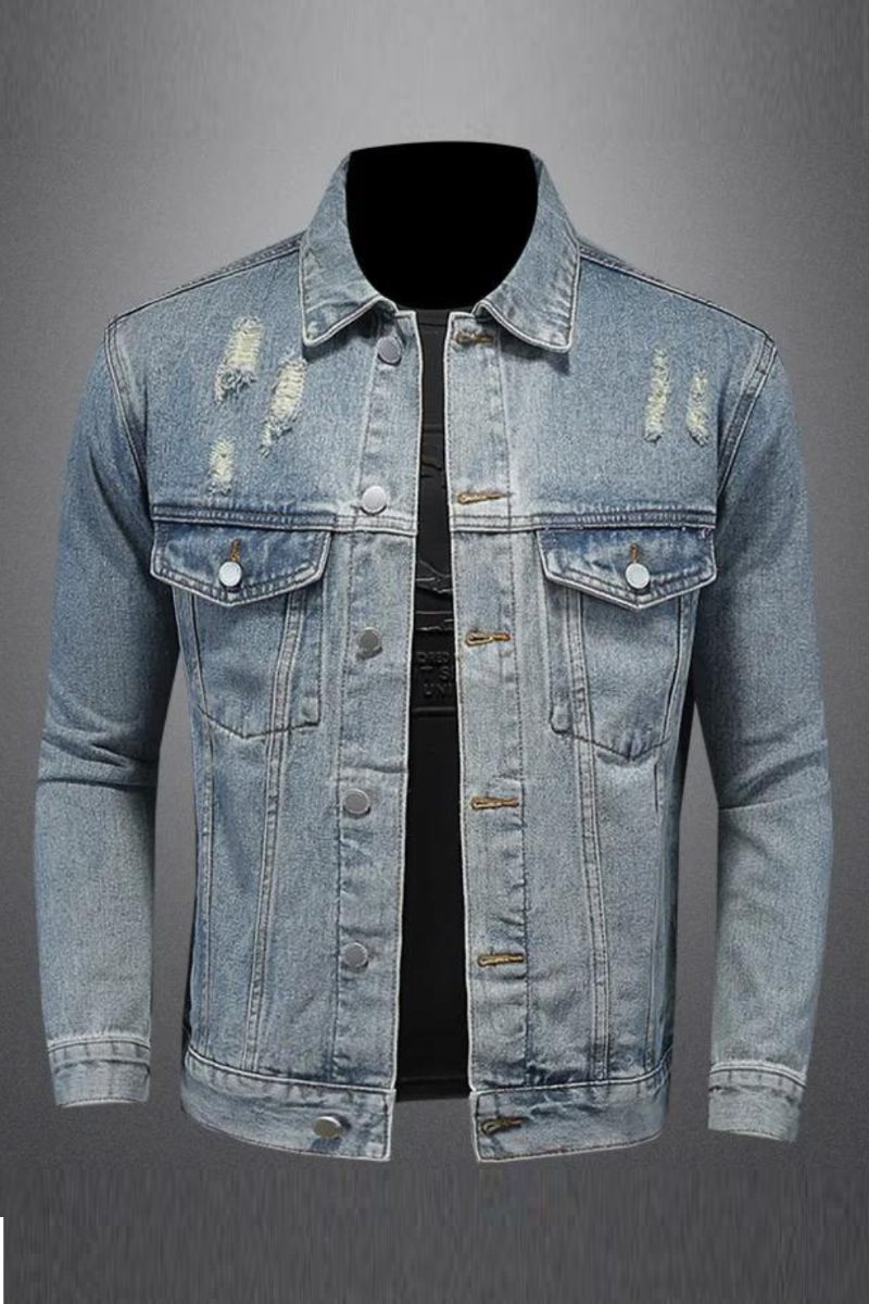 Stilig Trend Allt Med Boutique Enkel Ripped Men's Denim Coat Herr Four Seasons