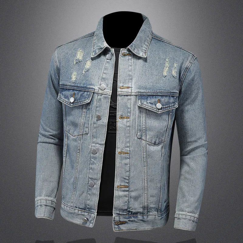 Stilig Trend Allt Med Boutique Enkel Ripped Men's Denim Coat Herr Four Seasons - Tvättad Blå