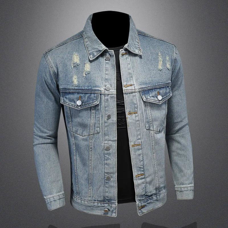 Stilig Trend Allt Med Boutique Enkel Ripped Men's Denim Coat Herr Four Seasons - Tvättad Blå