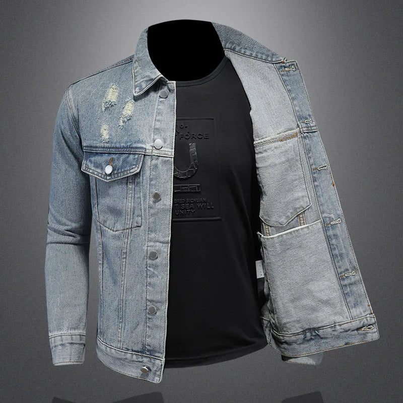 Stilig Trend Allt Med Boutique Enkel Ripped Men's Denim Coat Herr Four Seasons - Tvättad Blå