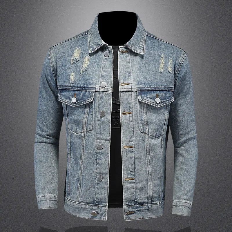 Stilig Trend Allt Med Boutique Enkel Ripped Men's Denim Coat Herr Four Seasons - Tvättad Blå