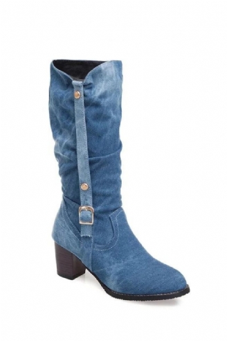 Stövlar Dam Lång Rör Kort Stövel Vinter Högklack Denim Boot Dam Snygga Jeans Spänne Rem Skor