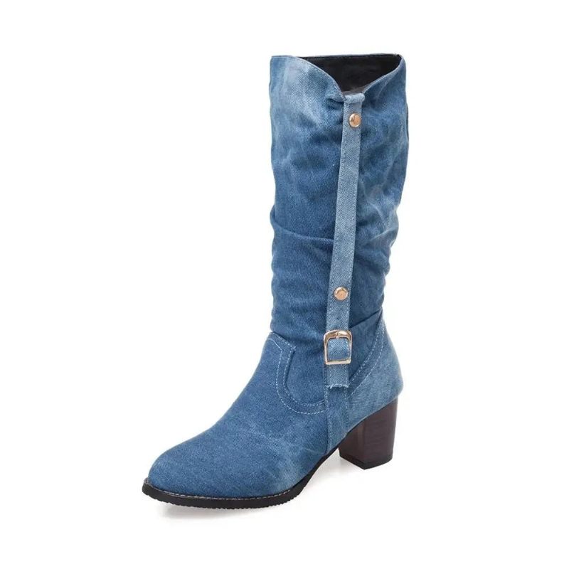 Stövlar Dam Lång Rör Kort Stövel Vinter Högklack Denim Boot Dam Snygga Jeans Spänne Rem Skor - Blå