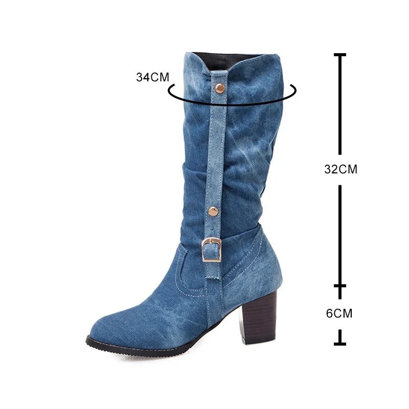 Stövlar Dam Lång Rör Kort Stövel Vinter Högklack Denim Boot Dam Snygga Jeans Spänne Rem Skor - Blå