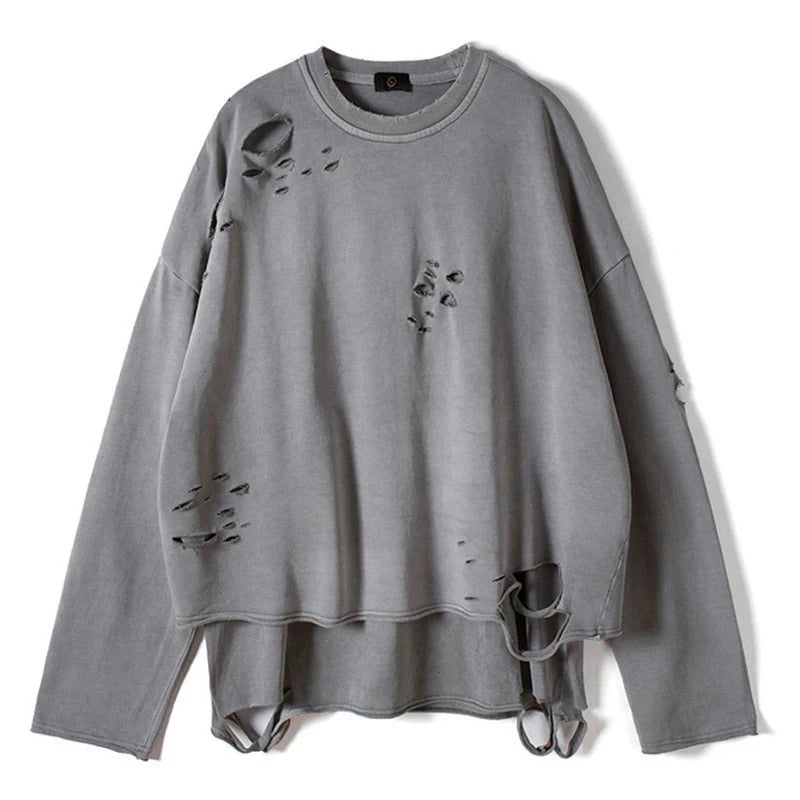 Streetwear Vintage Sweatshirt Höst Creative Distressed Destroyed Ripped Holes Pullover Bomull Toppar Lösa - Grå