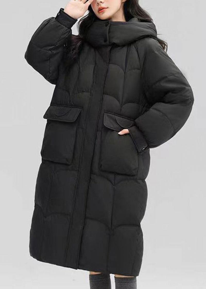 Svart Button Patchwork Duck Down Puffers Coat Zip Up Långärmad