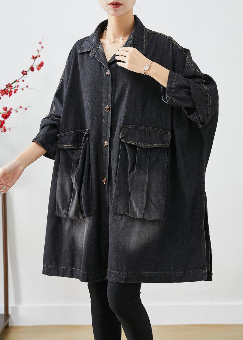 Svart Denim Trench Överdimensionerade Fickor Batwing Sleeve