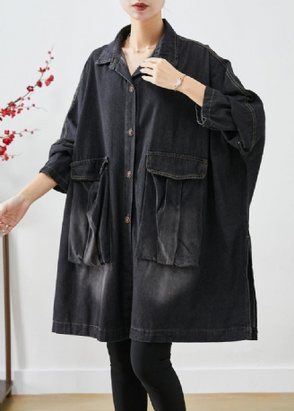 Svart Denim Trench Överdimensionerade Fickor Batwing Sleeve