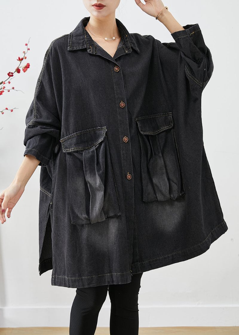 Svart Denim Trench Överdimensionerade Fickor Batwing Sleeve - Vinterkappor för kvinnor