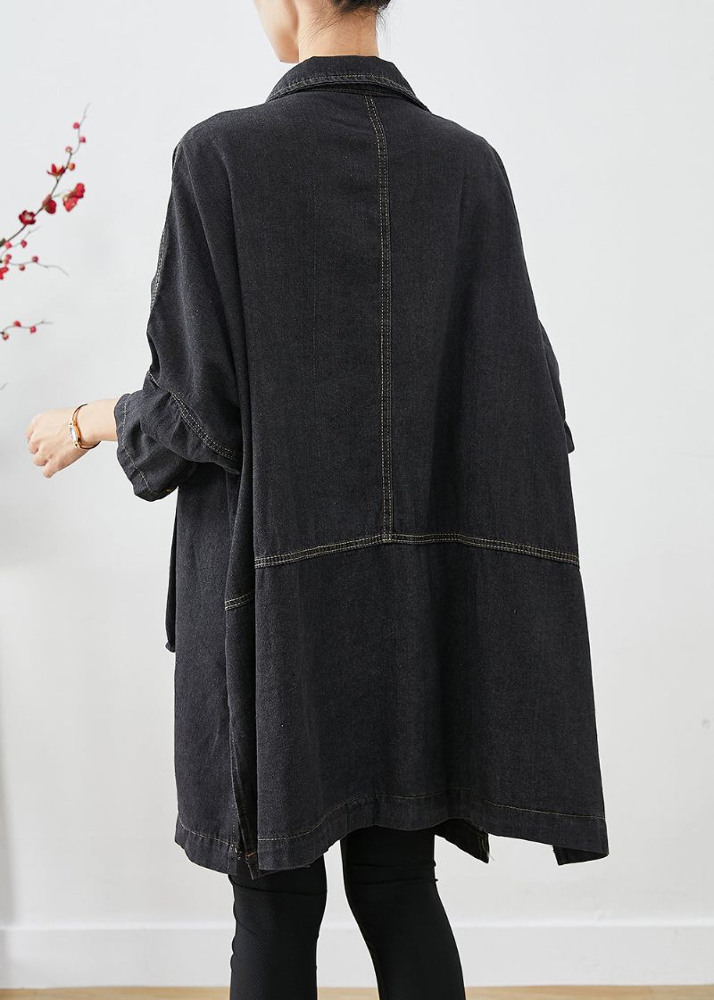 Svart Denim Trench Överdimensionerade Fickor Batwing Sleeve - Vinterkappor för kvinnor