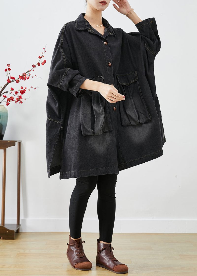 Svart Denim Trench Överdimensionerade Fickor Batwing Sleeve - Vinterkappor för kvinnor