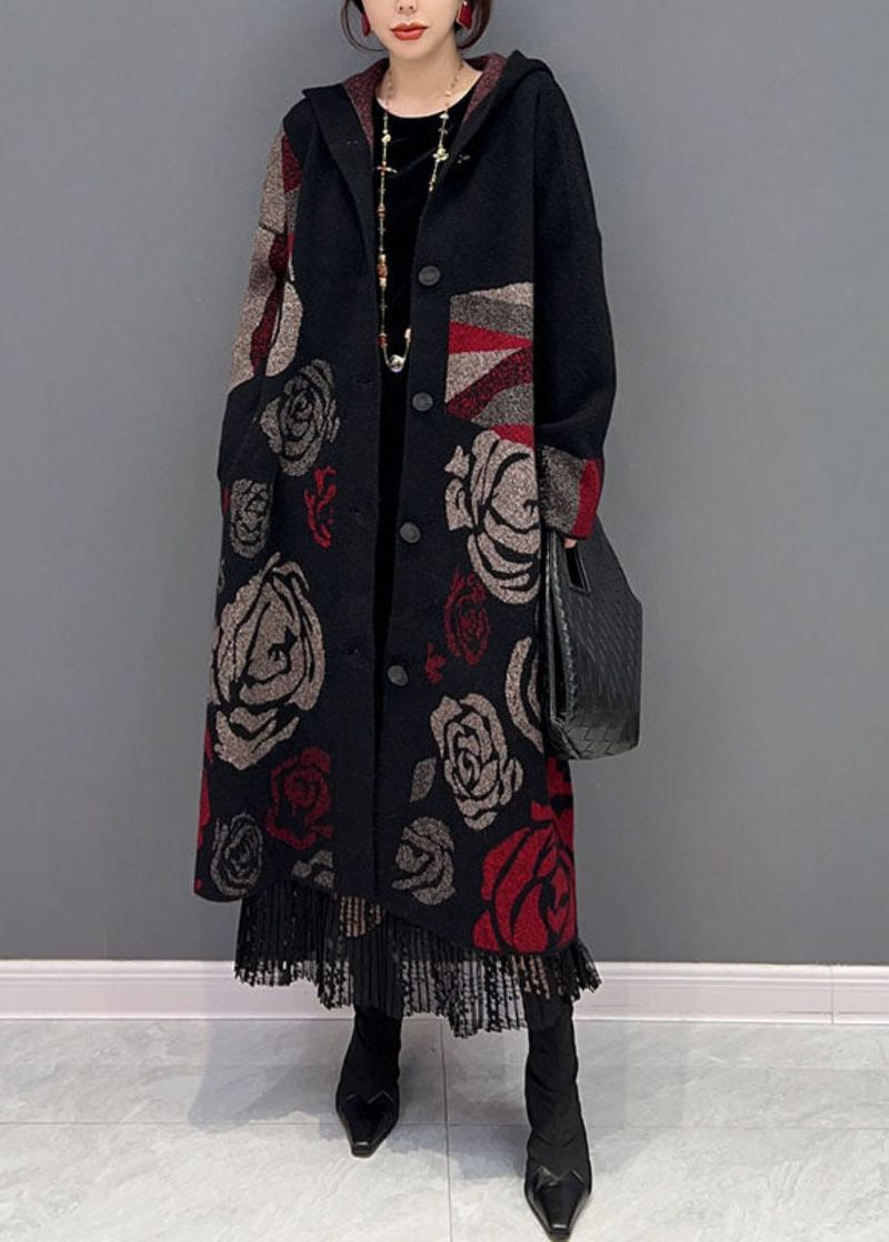 Svart Hooded Rose Print Loose Knit Cardigans Spring