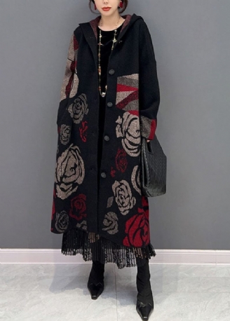 Svart Hooded Rose Print Loose Knit Cardigans Spring