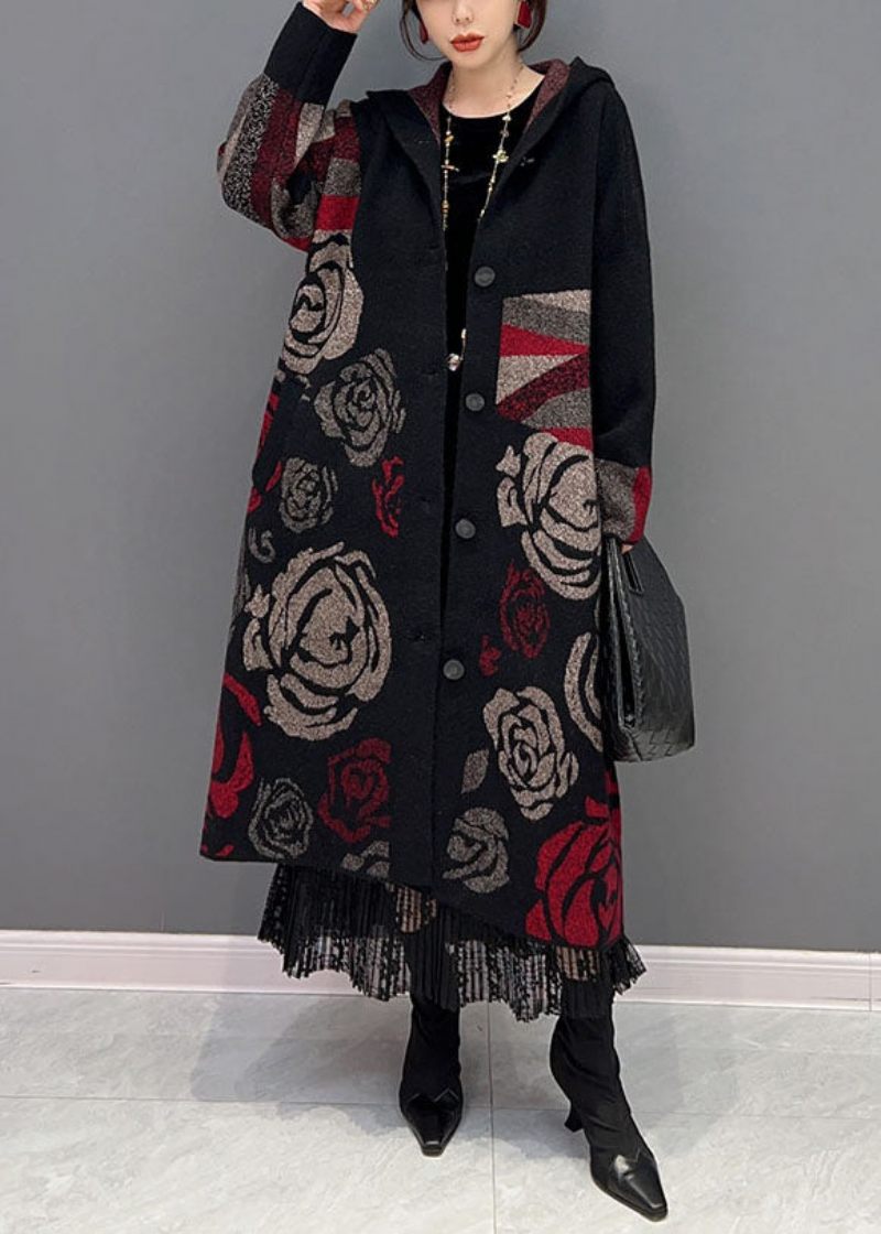 Svart Hooded Rose Print Loose Knit Cardigans Spring - Koftor för kvinnor