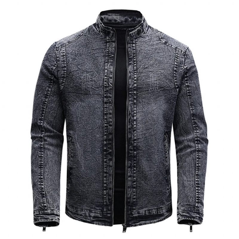 Svart Jeansjacka Herr Höst Vinter Fleecejackor Kappor Slim Fit Casual Motorcykel Biker Denimrock Man Ytterkläder - Svart