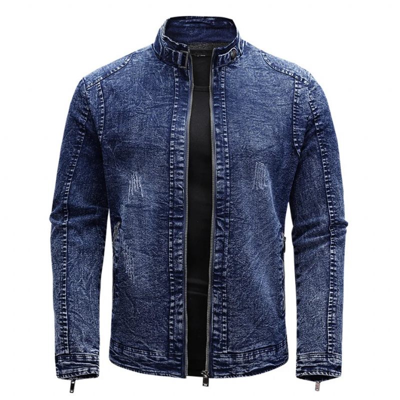 Svart Jeansjacka Herr Höst Vinter Fleecejackor Kappor Slim Fit Casual Motorcykel Biker Denimrock Man Ytterkläder - Svart