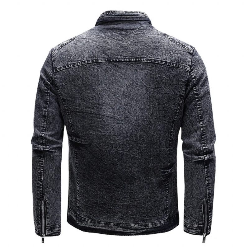 Svart Jeansjacka Herr Höst Vinter Fleecejackor Kappor Slim Fit Casual Motorcykel Biker Denimrock Man Ytterkläder - Svart