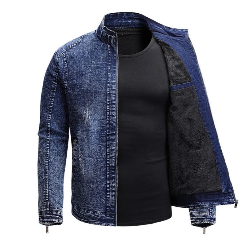 Svart Jeansjacka Herr Höst Vinter Fleecejackor Kappor Slim Fit Casual Motorcykel Biker Denimrock Man Ytterkläder - Svart