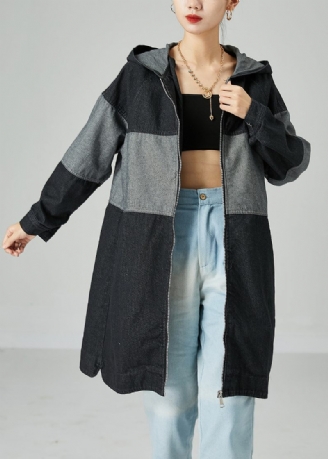 Svart Lapptäcke Bomull Denim Trenchcoat Hooded Oversized Spring