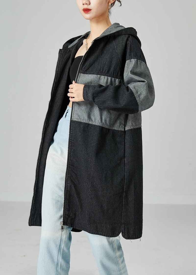 Svart Lapptäcke Bomull Denim Trenchcoat Hooded Oversized Spring - Trenchcoats för kvinnor