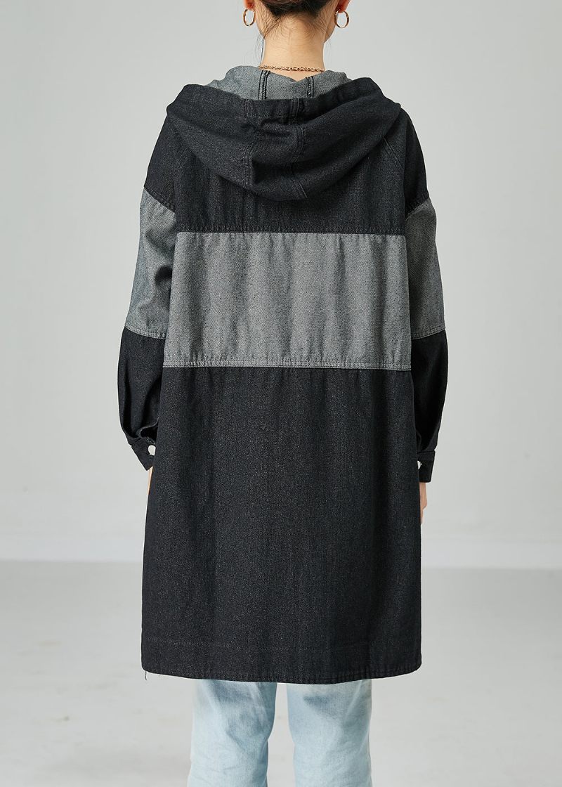 Svart Lapptäcke Bomull Denim Trenchcoat Hooded Oversized Spring - Trenchcoats för kvinnor