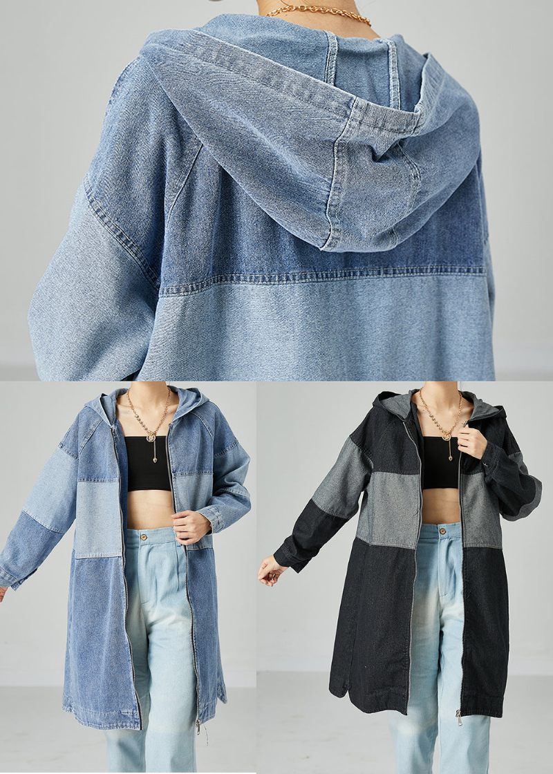 Svart Lapptäcke Bomull Denim Trenchcoat Hooded Oversized Spring - Trenchcoats för kvinnor