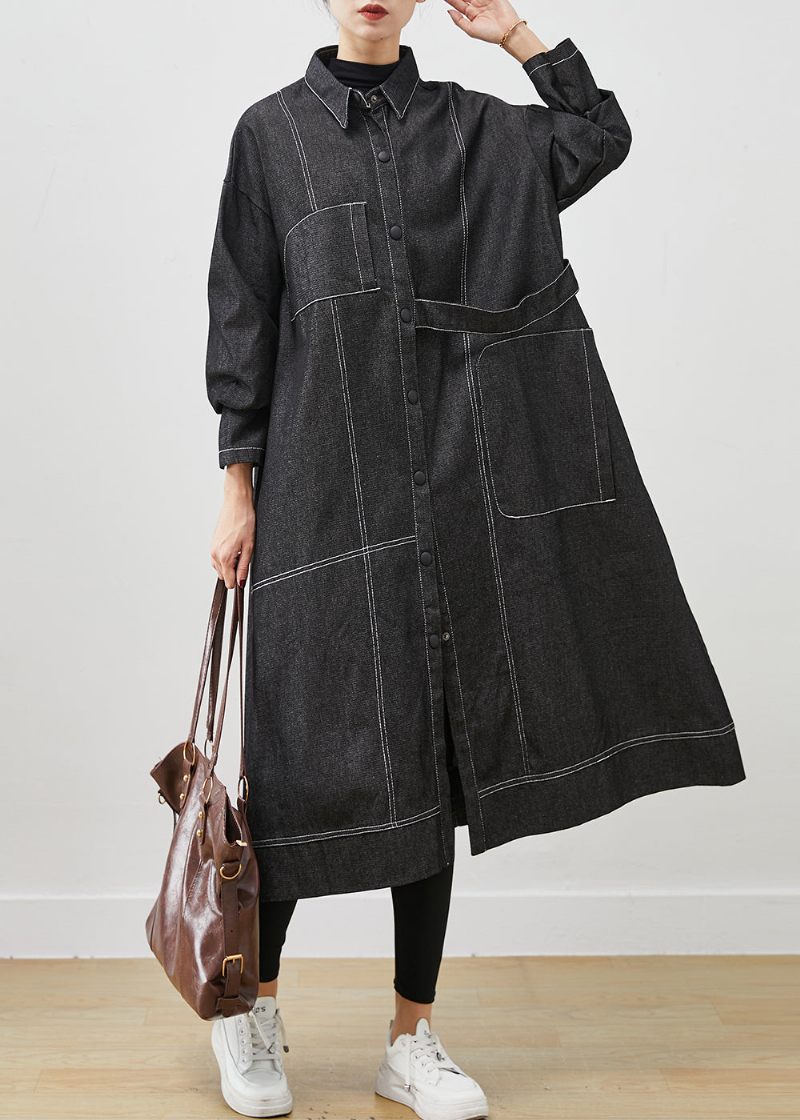 Svart Lös Denim Trench Coat Oversized Fickor Spring