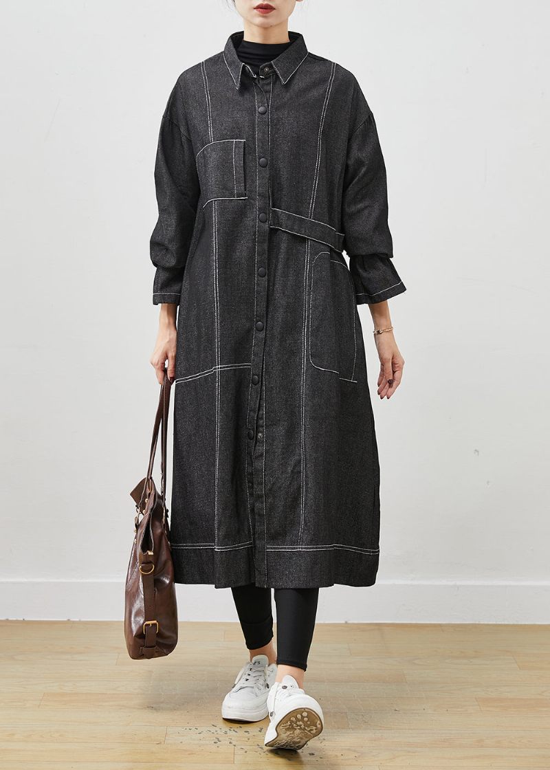 Svart Lös Denim Trench Coat Oversized Fickor Spring - Trenchcoats för kvinnor