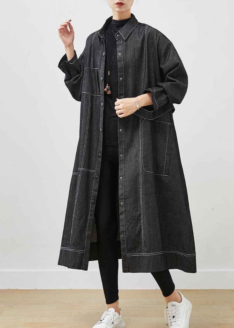 Svart Lös Denim Trench Coat Oversized Fickor Spring - Trenchcoats för kvinnor