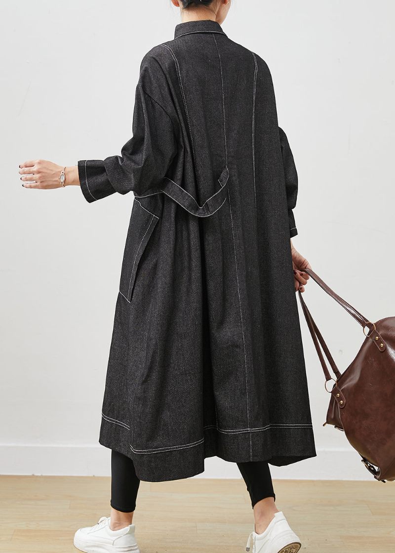 Svart Lös Denim Trench Coat Oversized Fickor Spring - Trenchcoats för kvinnor