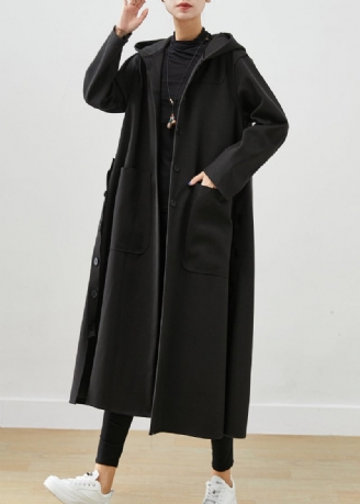 Svart Oversized Cotton Coat Hooded Pockets Fall