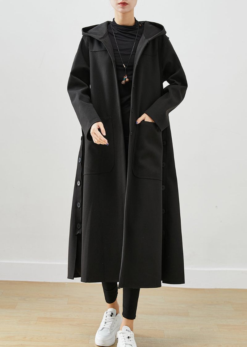 Svart Oversized Cotton Coat Hooded Pockets Fall - Trenchcoats för kvinnor