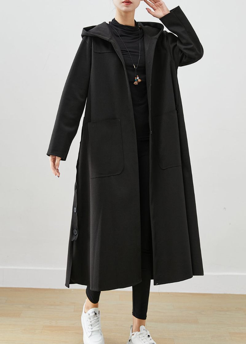 Svart Oversized Cotton Coat Hooded Pockets Fall - Trenchcoats för kvinnor