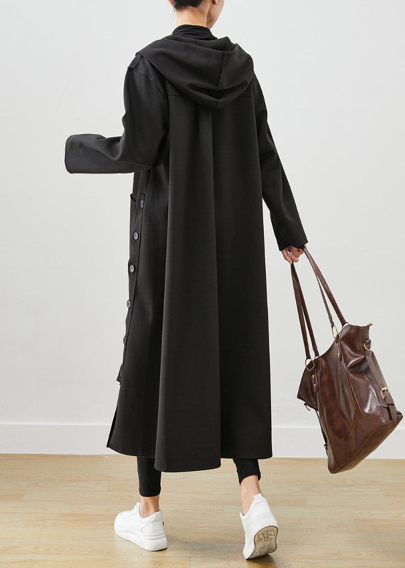 Svart Oversized Cotton Coat Hooded Pockets Fall - Trenchcoats för kvinnor